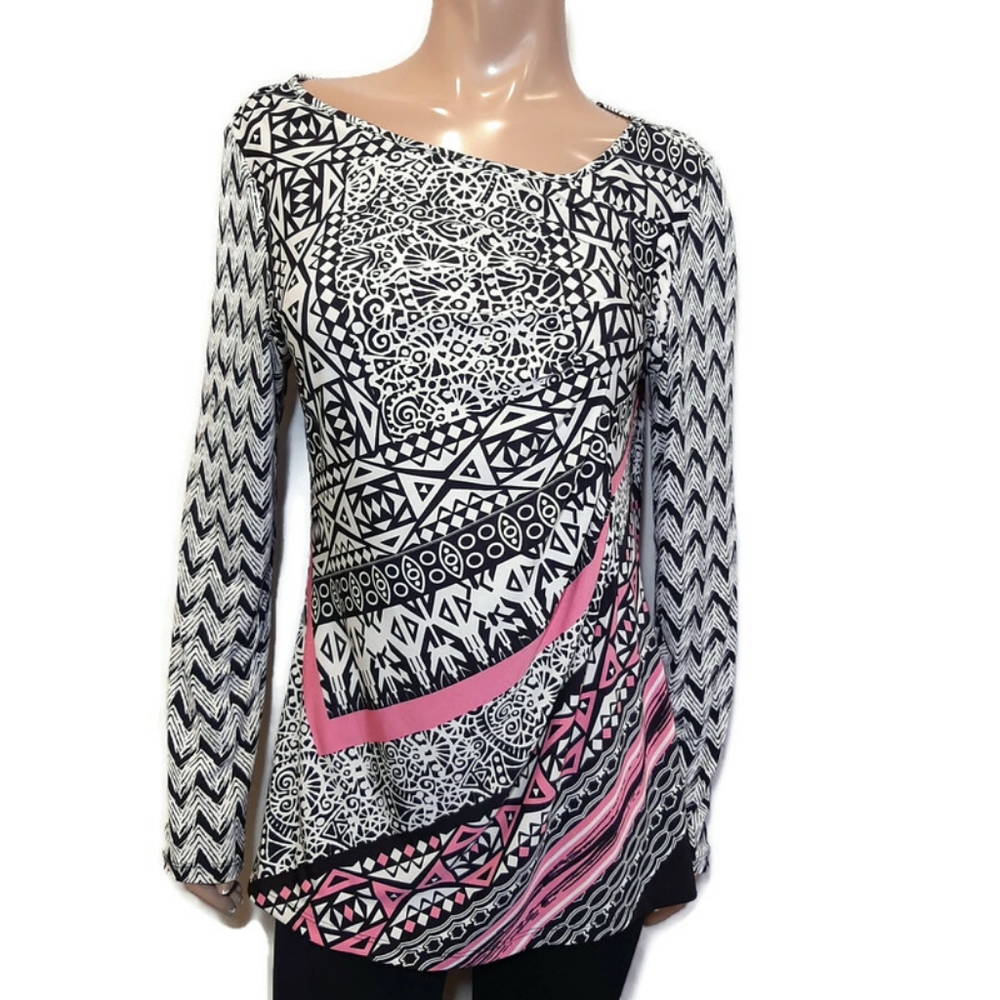⏬ Geometric Print Pleated Tunic Blouse Stretchy Long Sleeve Top
